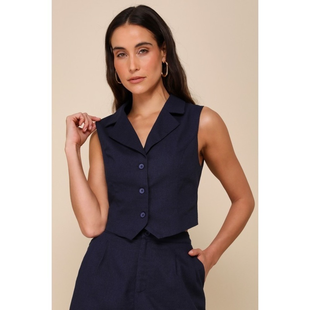 Lulus Charismatic Entrance Navy Blue Linen Collared Vest Top - Size L